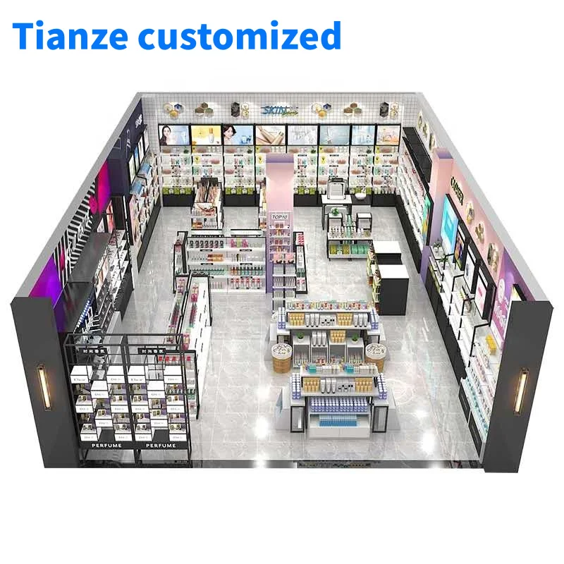 （customized）Modern Cosmetics Shop Interior Design Wood Cosmetics Display Shelf and Rack with Lightbox Cosmetics Shop Furniture