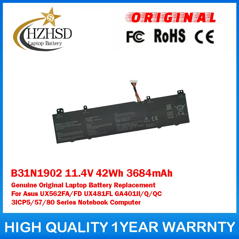 

B31N1902 11.4V 42Wh 3684mAh Genuine Original Laptop Battery Replacement For Asus UX562FA/FD UX481FL GA401II/Q/QC 3ICP5/57/80