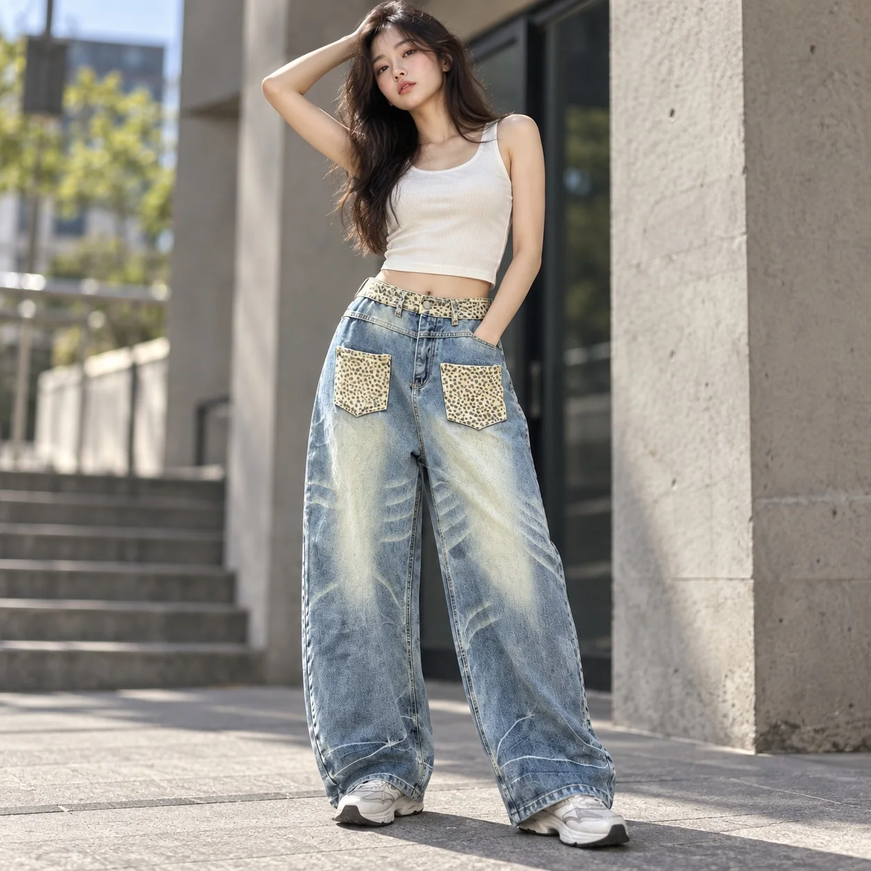 Patchwork Wide Leg Jeans Mid Rise Japanese Korean Casual with Distressed Leopard Print Cropped No Stretch Spring Women Jeans
