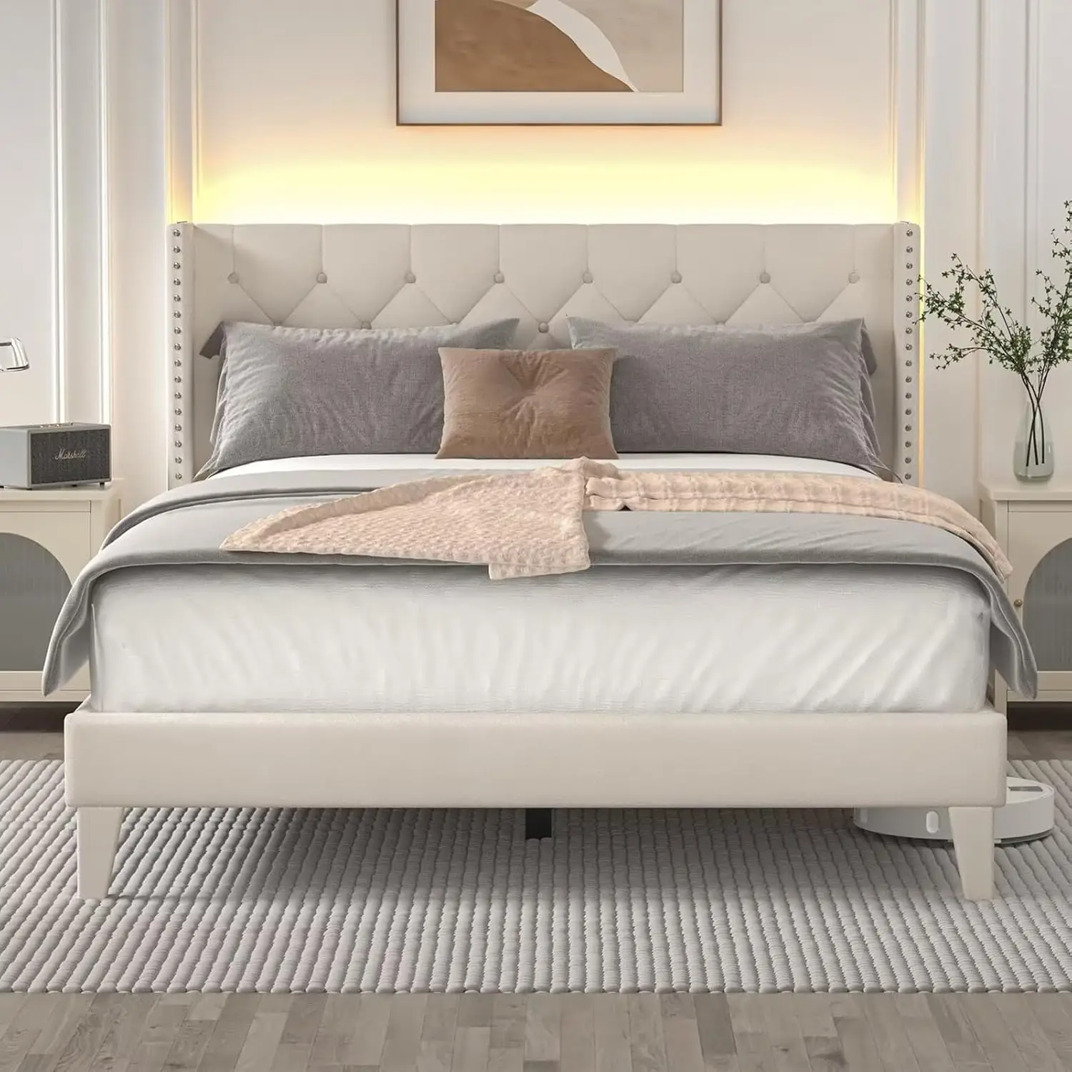 Queen Size Bed Frame with LED Lights, Upholstered Bed Frame with Wingback Diamond Tufted Headboard, Wood Slats, Customized