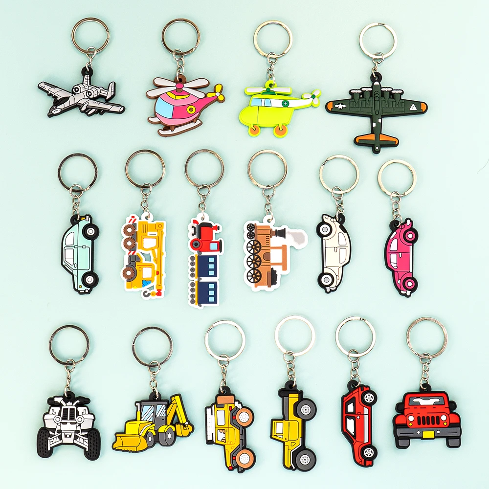 16PCS Set Vehicle Series Keychain Cute Train Helicopter Plane Keyring Fashion Car Key Accessories Kids Favor Birthday Key Gift