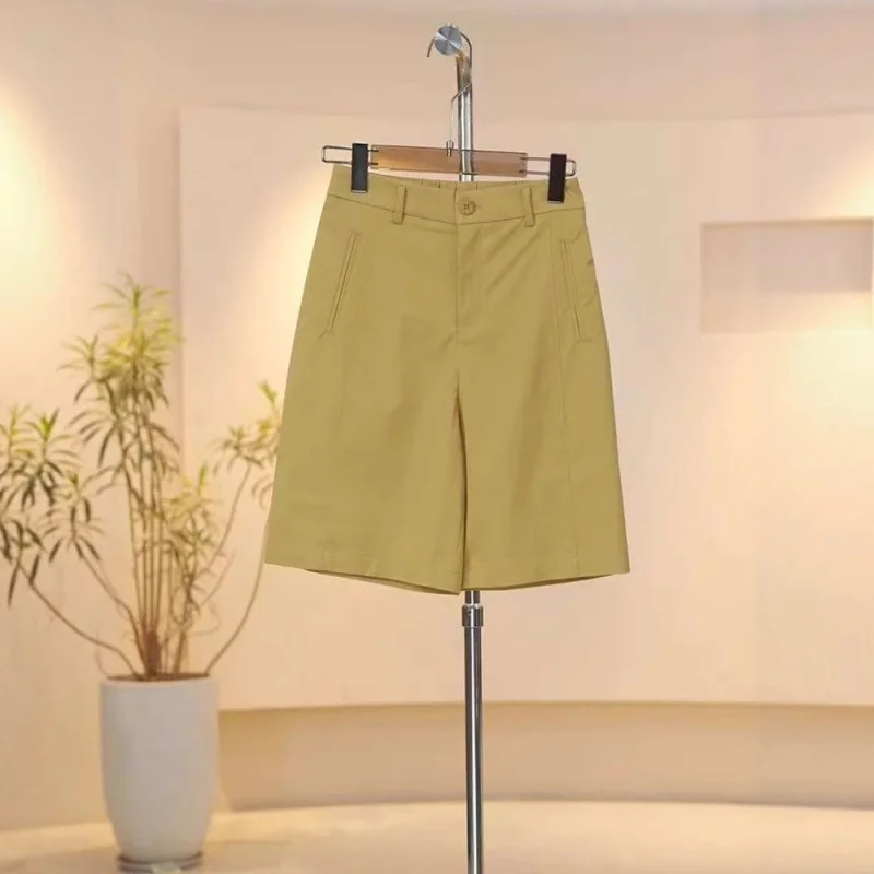 شورت بدلة أصفر للنساء، نمط رفيع، سروال كاجوال صيفي على شكل حرف A، سروال تنحيف متوسط الطول