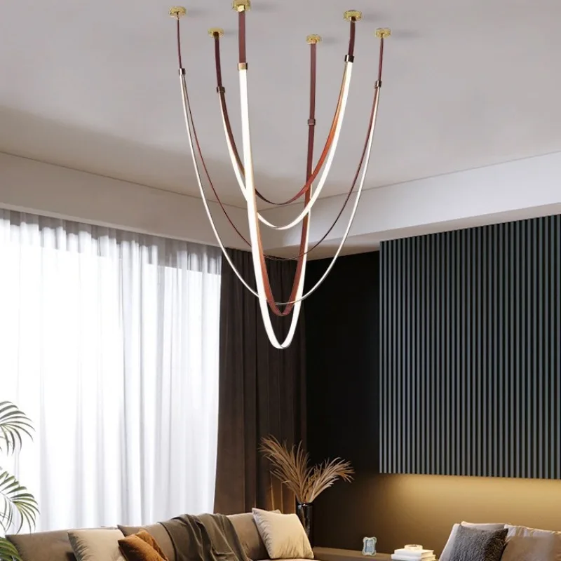 Modern Minimalist Leather Pendant Lights Exhibition Hall Villa Height Hanging Lamps Staircase Living Room Home Decor Chandelier