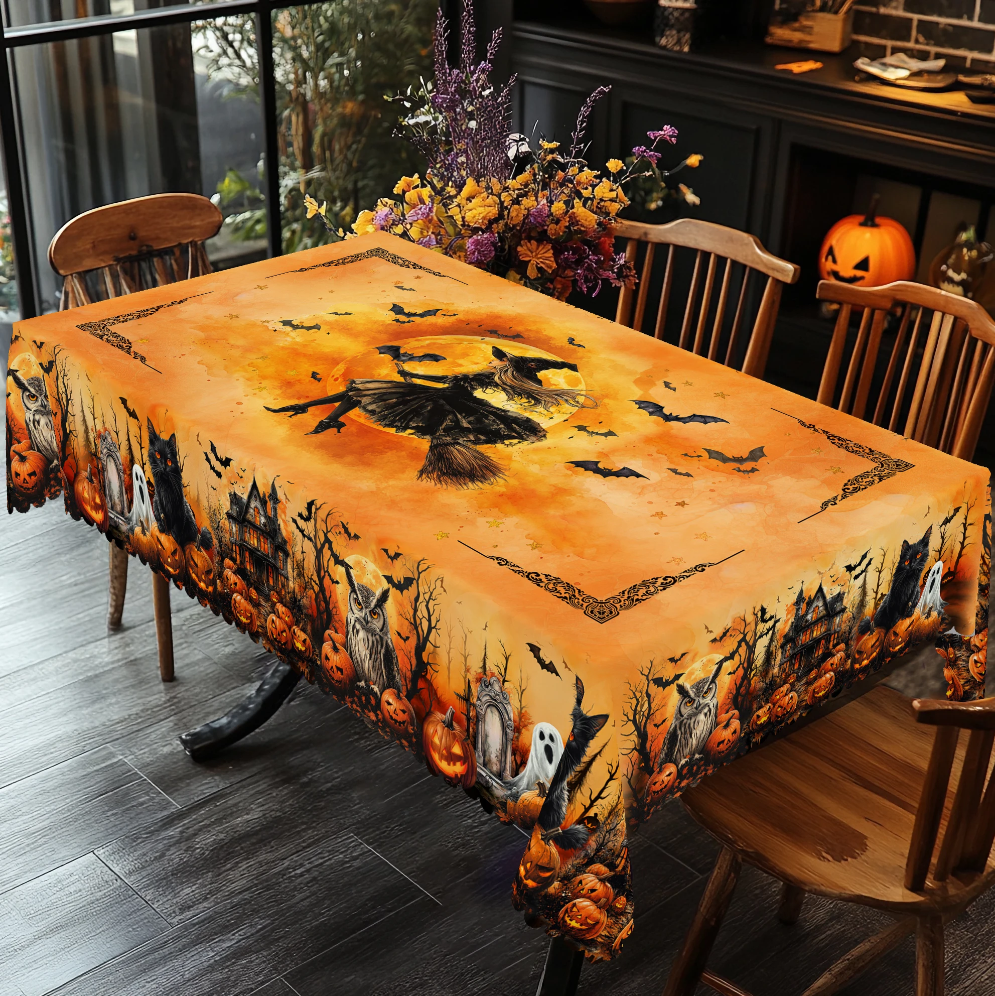 1 pedaço de toalha de mesa impressa com tema de Halloween laranja, decoração de festa de Halloween e dia dos mortos; Bruxa misteriosa, gato preto, abóbora, padrões de casa assombrada, decoração de toalha de mesa de pátio de reunião de festa, como presente