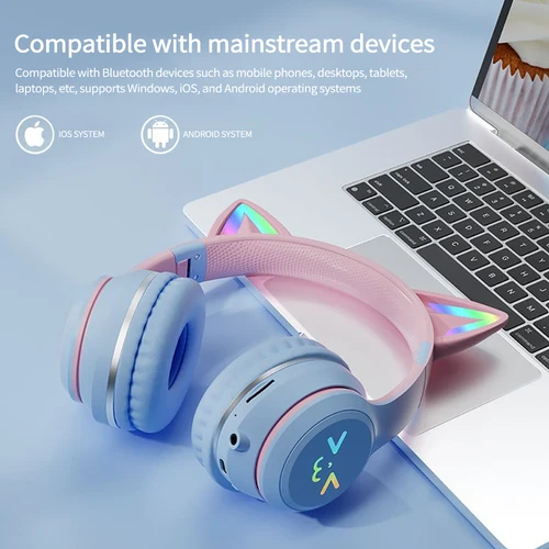 Imagen 2 del producto Auriculares inalámbricos con gradiente RGB, bonitos auriculares Bluetooth con oreja de gato y micrófono, auriculares estéreo para juegos de música, regalos para niñas y niños