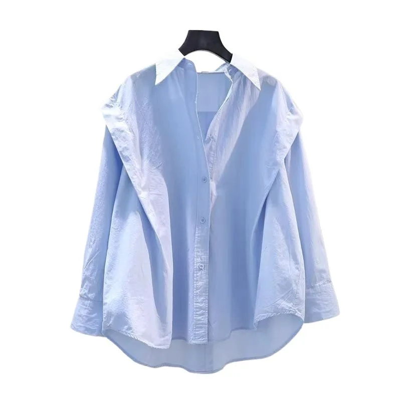 Light Blue Shirt with Ruffled Design Korean Style That Is Both Fresh and Versatile Loose Shirt That Is Fashionable for Commuting
