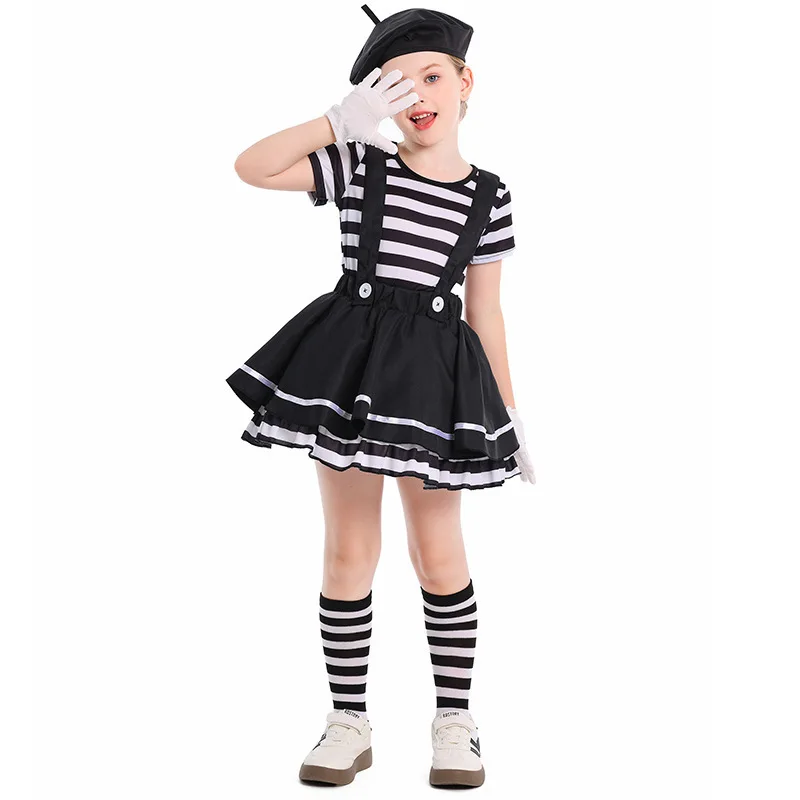 Kids Mime Clown Costume for Girls Funny Stage Performance Outfit Suitable for Shows Festival Celebrations and Theater Play