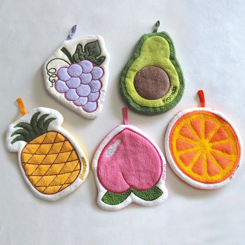 الكرتون الفاكهة منشفة اليد معلقة ماصة الحمام منديل المرجان الصوف سميكة منشفة