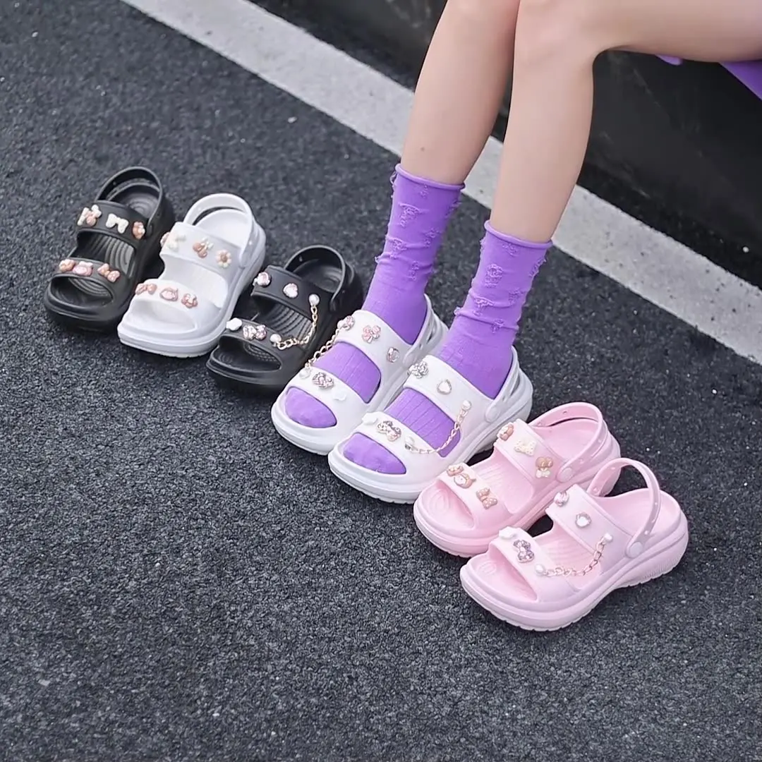 Summer Platform Clogs With Chains Women Solid Height Increasing Sandals Fashion High Heel Open Toe Garden Clogs Grils Pink