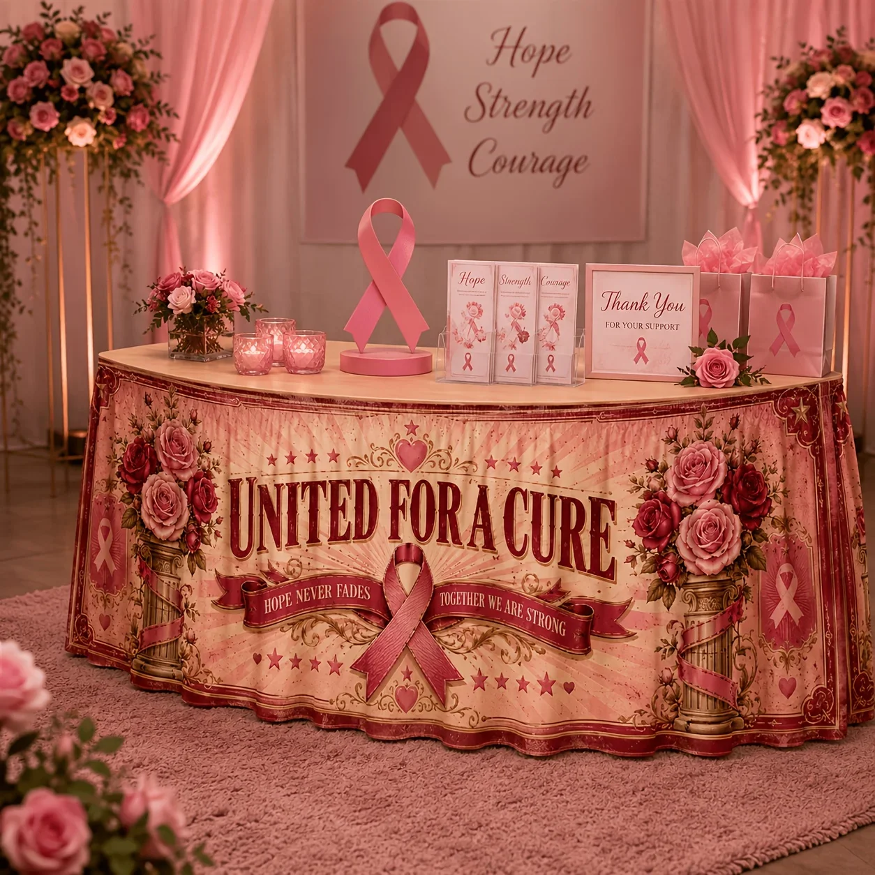 One tablecloth or table skirt, combined with the anti-cancer pink silk, is suitable for charity dinner fundraising.xzj