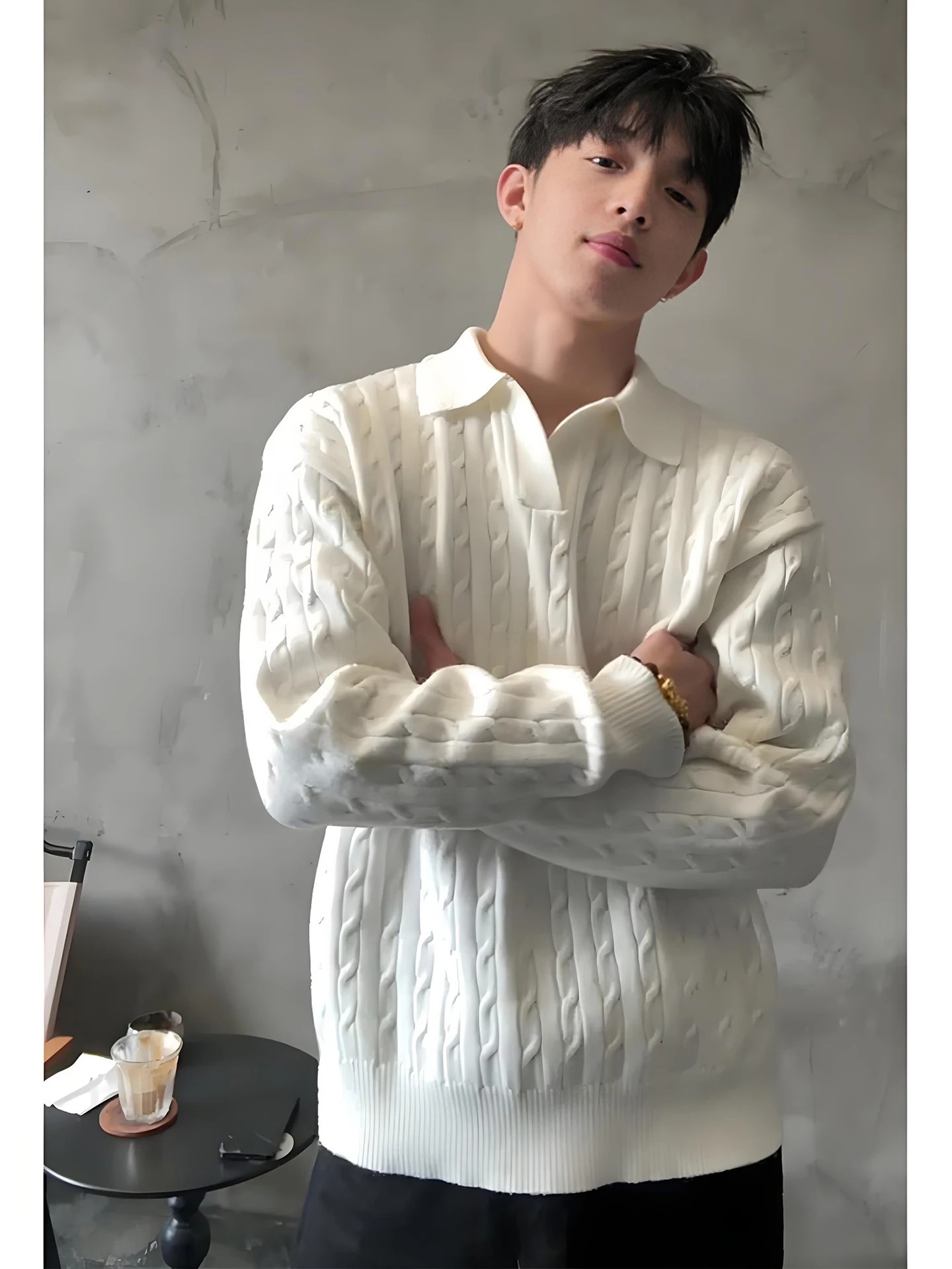 

Warm Knitted Sweater Men's Autumn Winter Lazy Sle Owl Collar Knotted Flower Design Overhead Base Layer irt