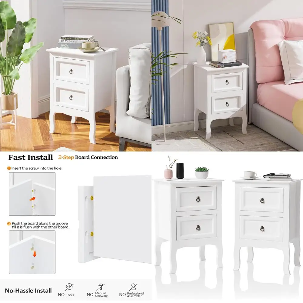 

Набор из 2 белых тумбочек, простая сборка, прикроватные тумбочки с 2 ящиками для небольших помещений, идеально подходят для спален и комнат для девочек