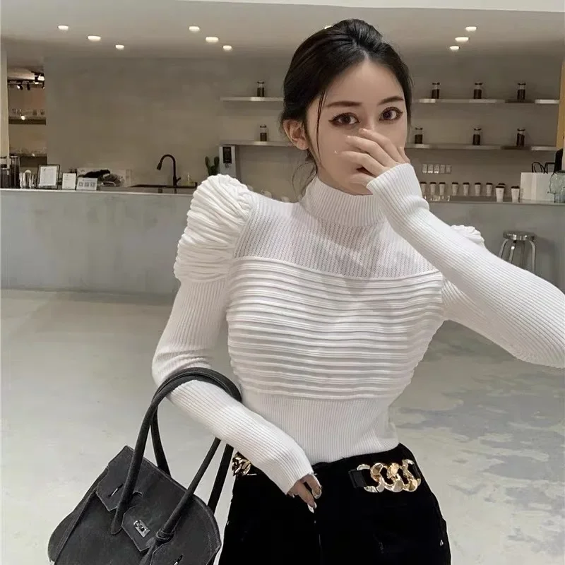 Women's Autumn/Winter High-End Feeling Half Polo Turtle Neck Puff Sleeve Knit Base Layer Top Slimming Sweater Trendy