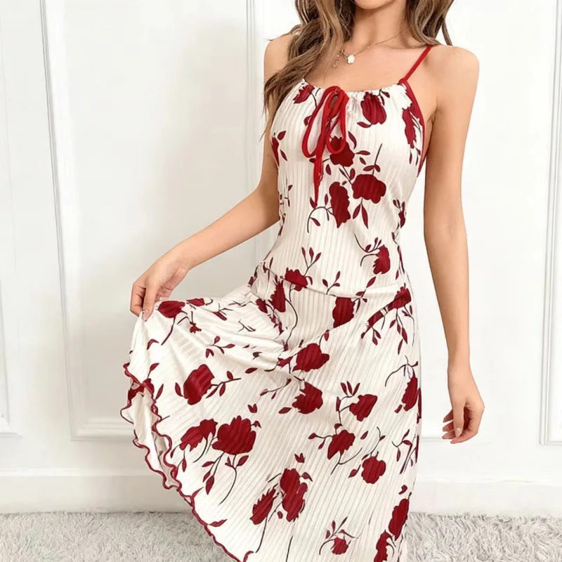 

2026 New Women's Printed Suspender Loungewear Casual Nightdress Women's Sexy Dress