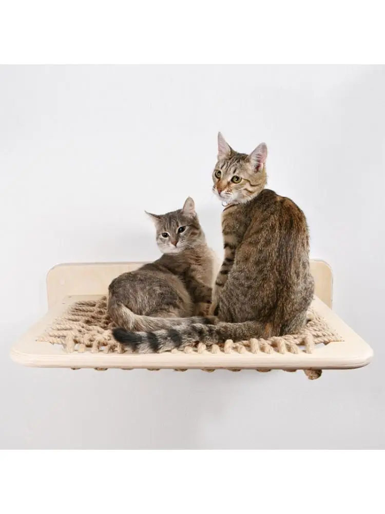 Wall-Mounted Cat Wall Frame, Climbing Frame, Solid Wood, Hammock, Hemp Rope, Woven