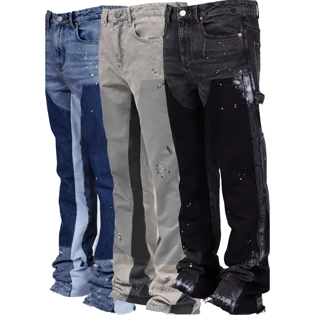 

Men's Denim Overalls Patchwork Flare Pants Jeans mid Waist Casual Workwear Tight Fit Autumn Season Chinese Production