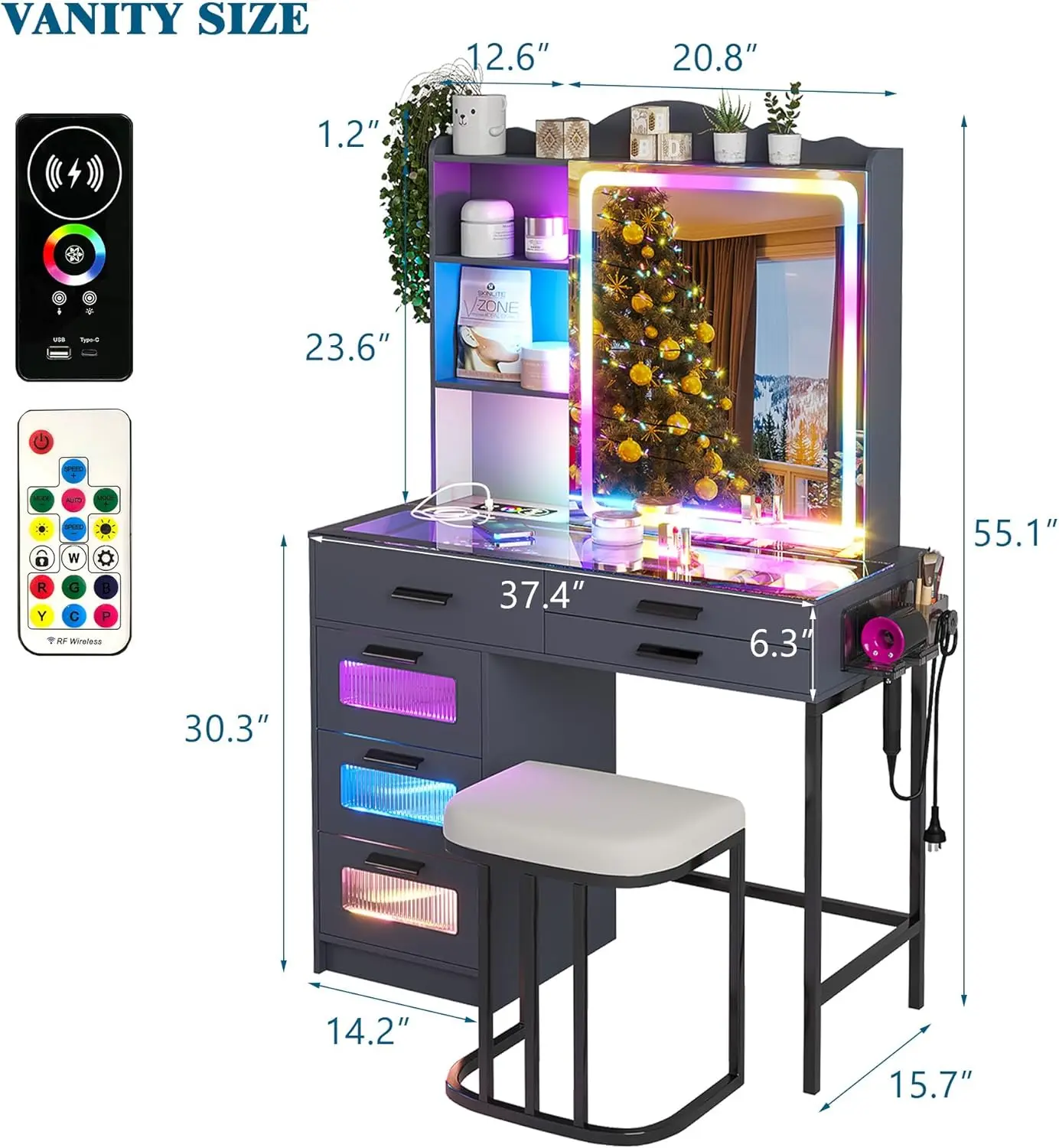 RGB Vanity Desk with Sliding Mirror and Lights, LED Makeup Vanity with Charging Station/Motion Sensor Light, Glass Top Vanities