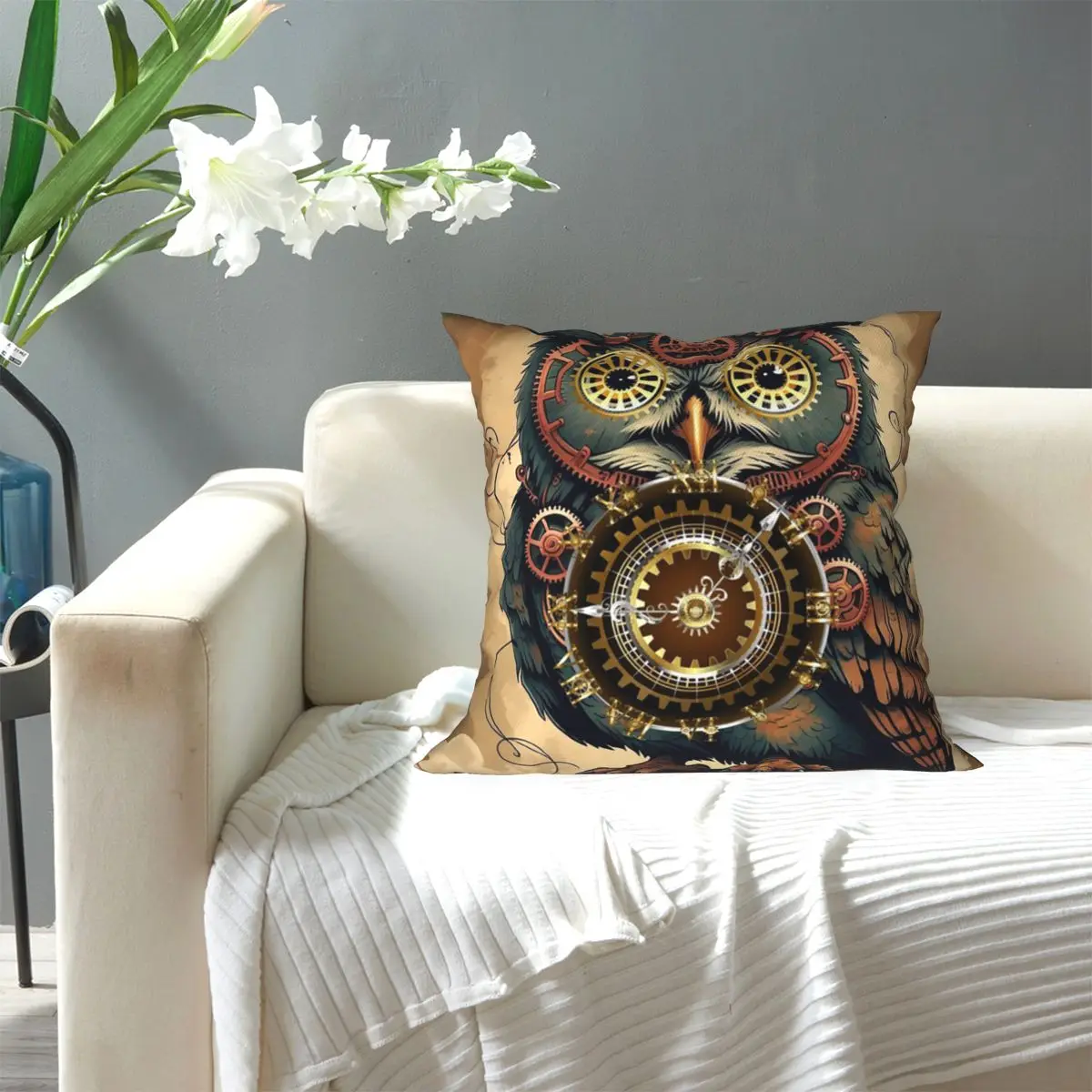 Steampunk Owl With Clock And Gears Square Pillowcase Pillow Cover Cushion Decor Comfort Throw Pillow for Home Sofa