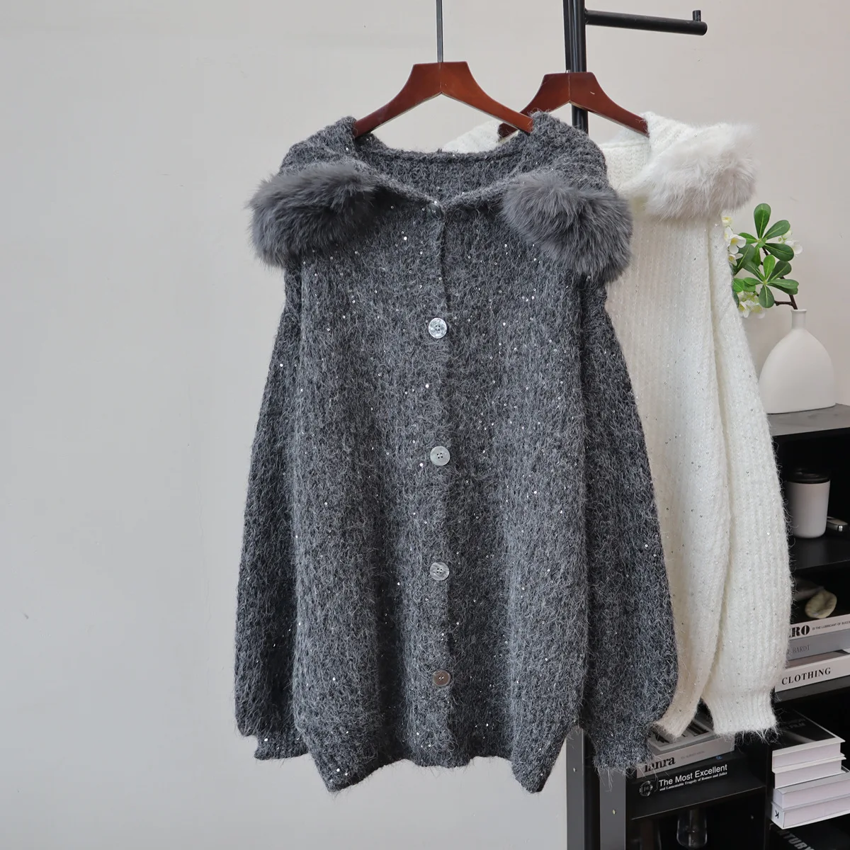 

Women Knitted Cardigan Sweaters Solid Mid Length Jumpers Sequin Hooded Long Sleeves Single Breasted Loose Fit 2025 Autumn Winter