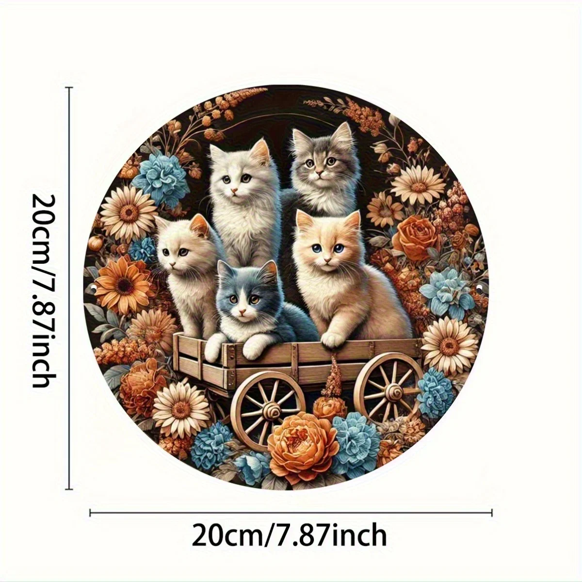 [Flash Sale] Round Aluminum Wall Decor - Vintage Floral Wagon with 4 Kittens (White, Grey, Blue, Brown) - 7.87x7.87 Inch