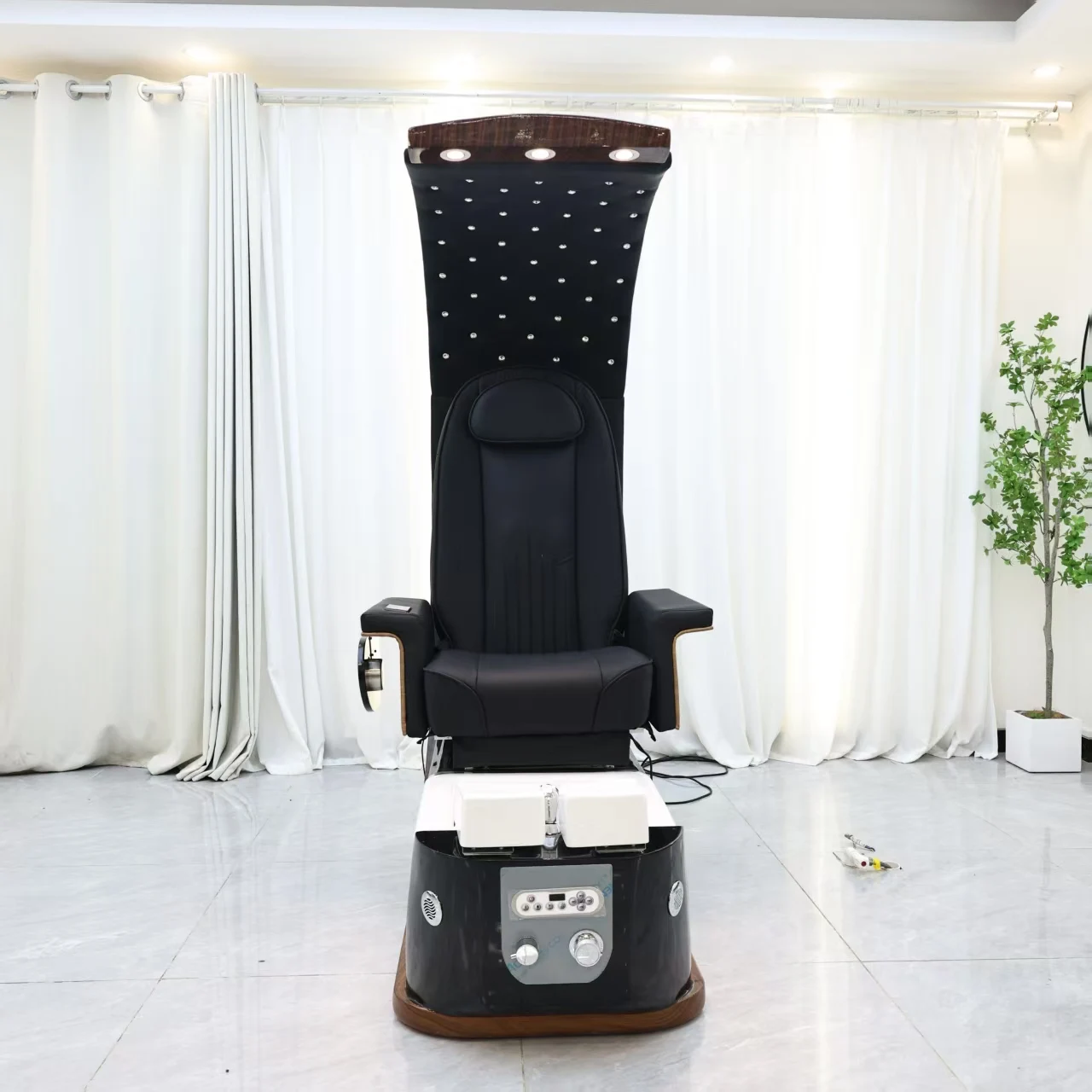 Luxury Black Electric Massage Acrylic Basin Pedicure Chair With Drain Pump Colorful Lights For Nail Shop
