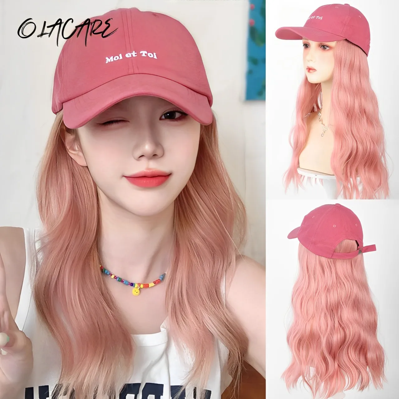 Pink Baseball Cap Seamless Connection Hair Extensions Synthetic 18inch Fluffy Long Wave Wig Hats for Women Adjustable Cap Wigs