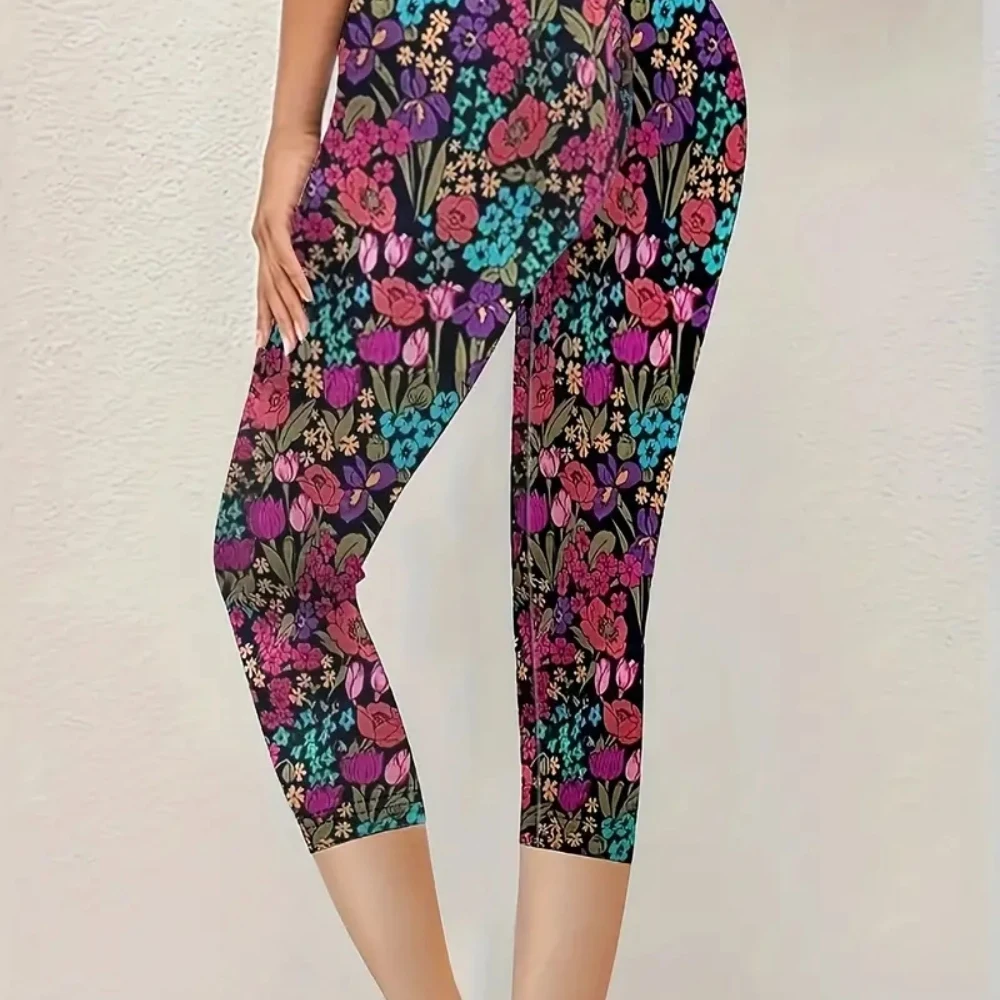 Floral floral print elastic elastic waist slim casual leggings for women