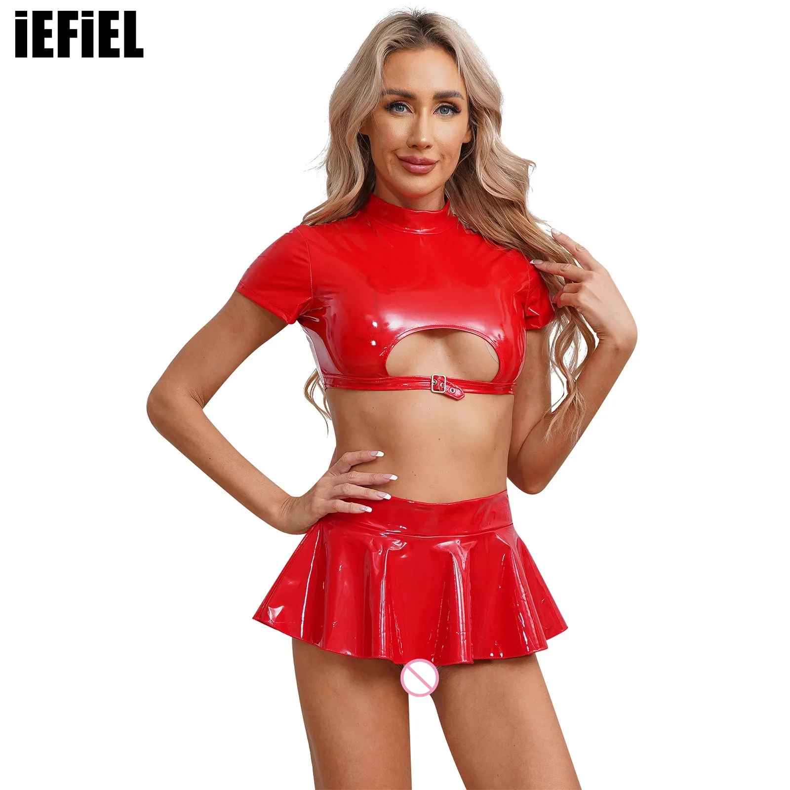 

Womens Glossy Patent Leather Party Outfit Short Sleeve Cutout Back Zipper Crop Top with A-Line Flared Skirt Clubwear