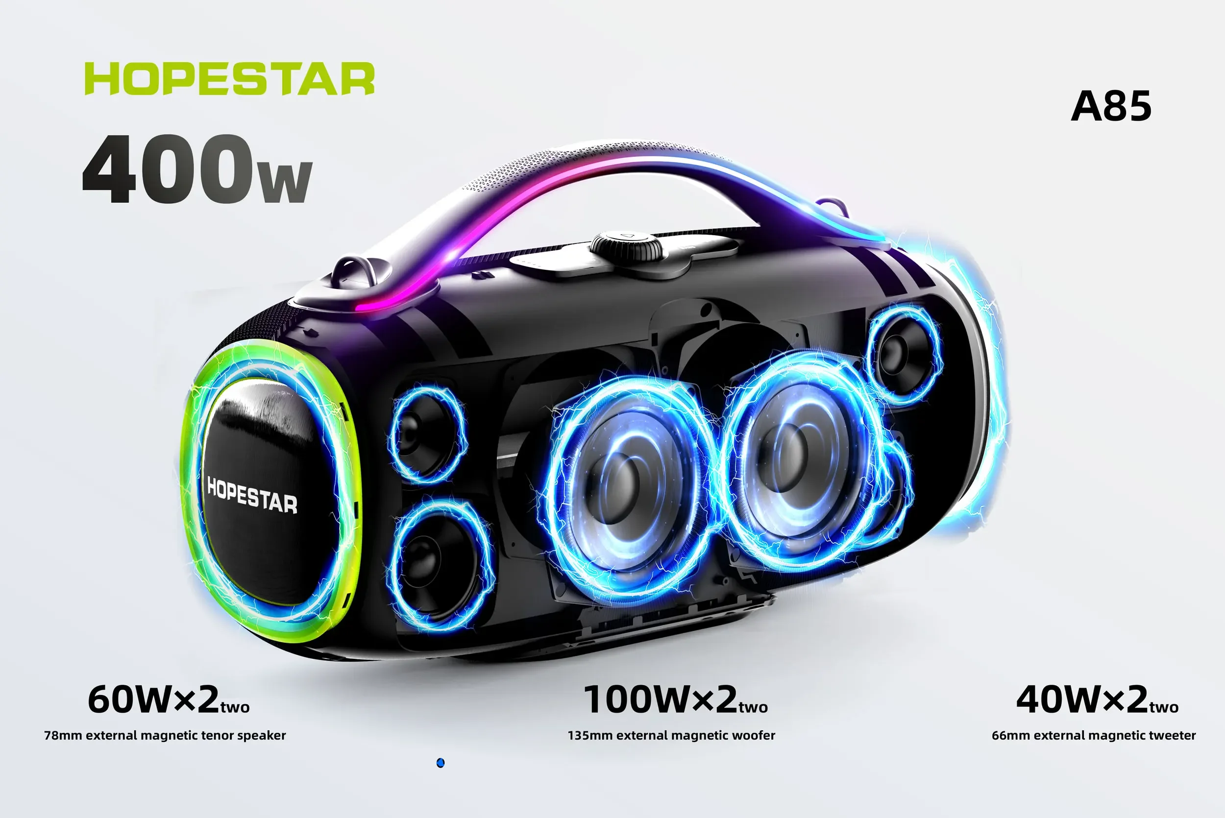 

Hopestar A85 400W Portable Party Speaker IPX6 Waterproof Outdoor Wireless with DSP Deep Bass USB TF AUX Karaoke Features
