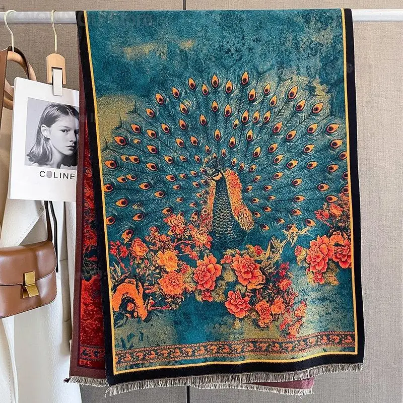New Peacock Pattern Scarf Shawl Autumn Retro Chinese Style Jacquard Wrap Soft Warm Neck Scarf Versatile Women Daily