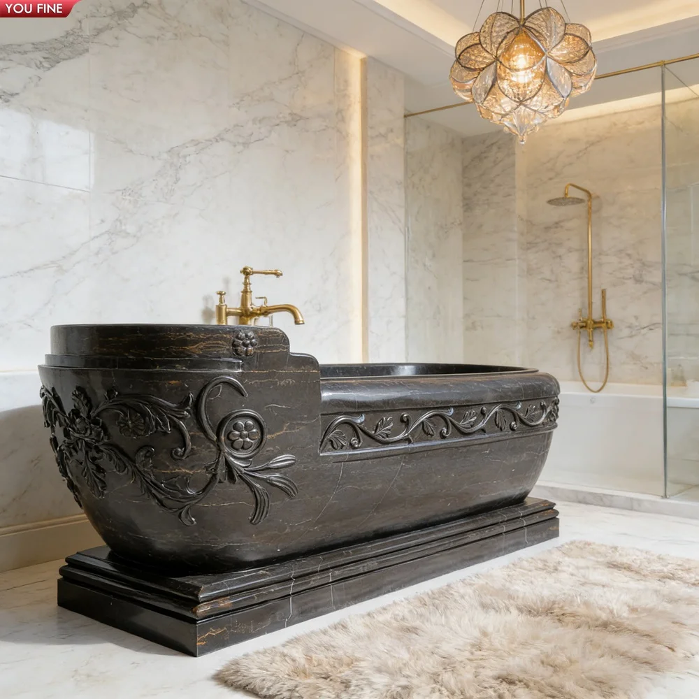 Luxury Stone Baths,YOUFINE Natural Black Marble Carved Bathtub For Luxury Bathroom Decor Ornate  standing Tub