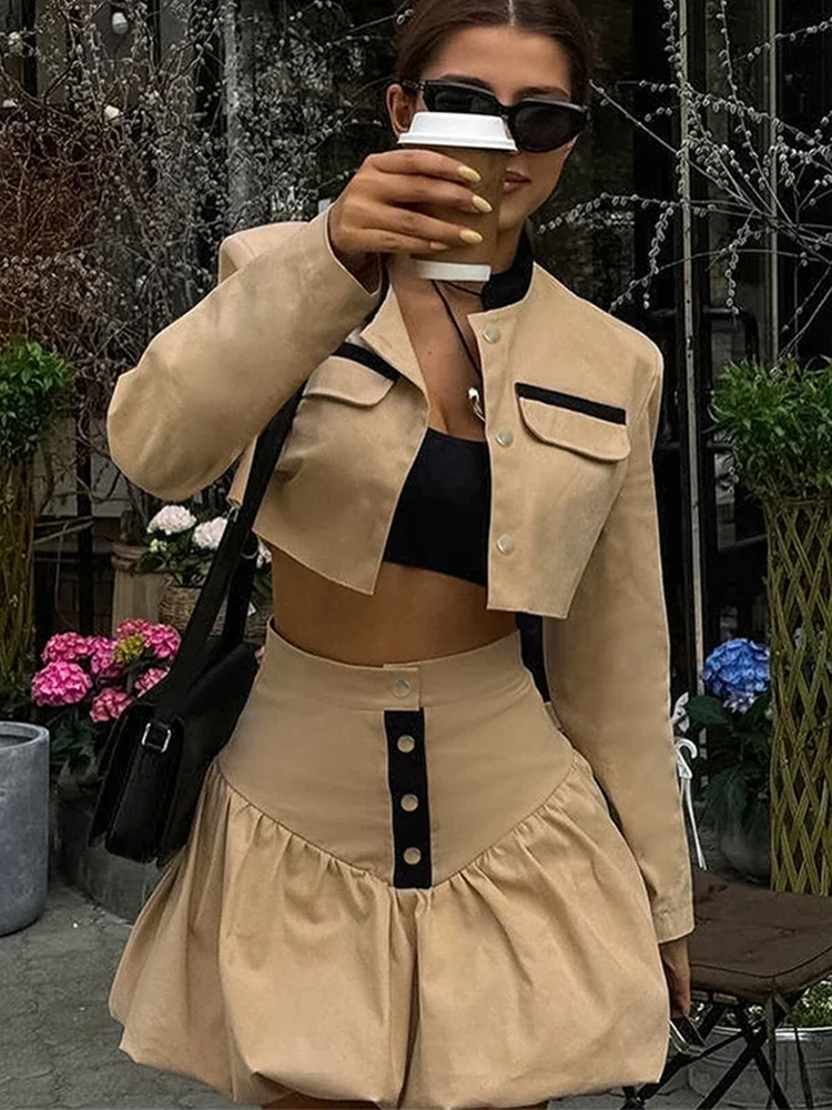 2024new Fashion Women 2 Pieces Sets Lapel Long Sleeve Crop Jacket High Waist Pleated Mini Skirt Suit Autumn Coat Skirts Lady Set