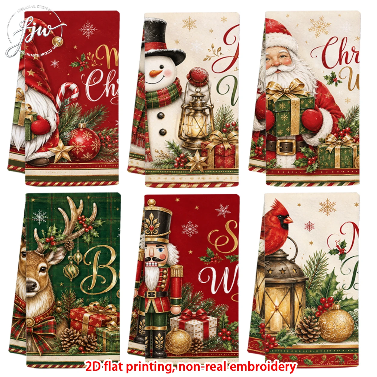 6pcs Christmas Vintage Kitchen Towels Santa Snowman Nutcracker Holiday Dish Towels for Xmas Home Decor