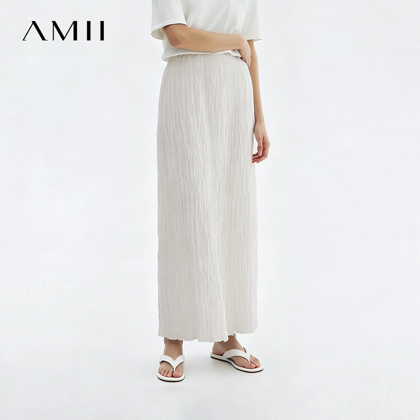 Amii Pleated Women's Skirt 2026 Summer New Elastic Waist Flowy A-Line Midi Skirt Casual Versatile Women's Clothing 12622123