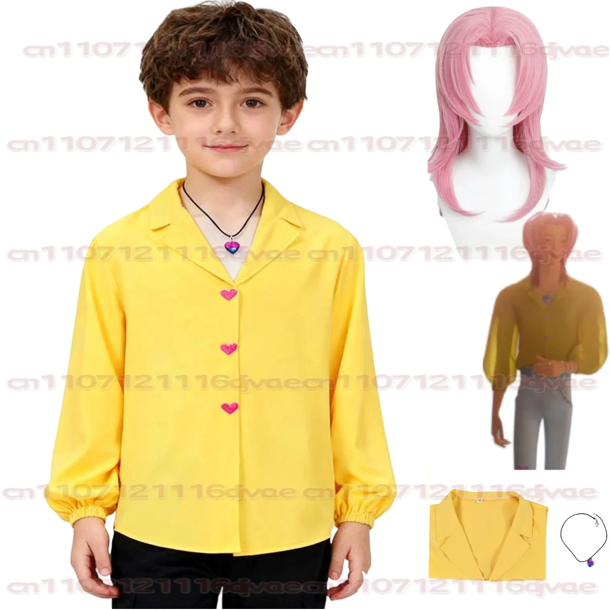

KPOP Anime Movies Saja Boys Boys Soda Pop Group Romance Cosplay Costume Yellow Shirt Top Necklace Wig Man Woman Halloween Suit