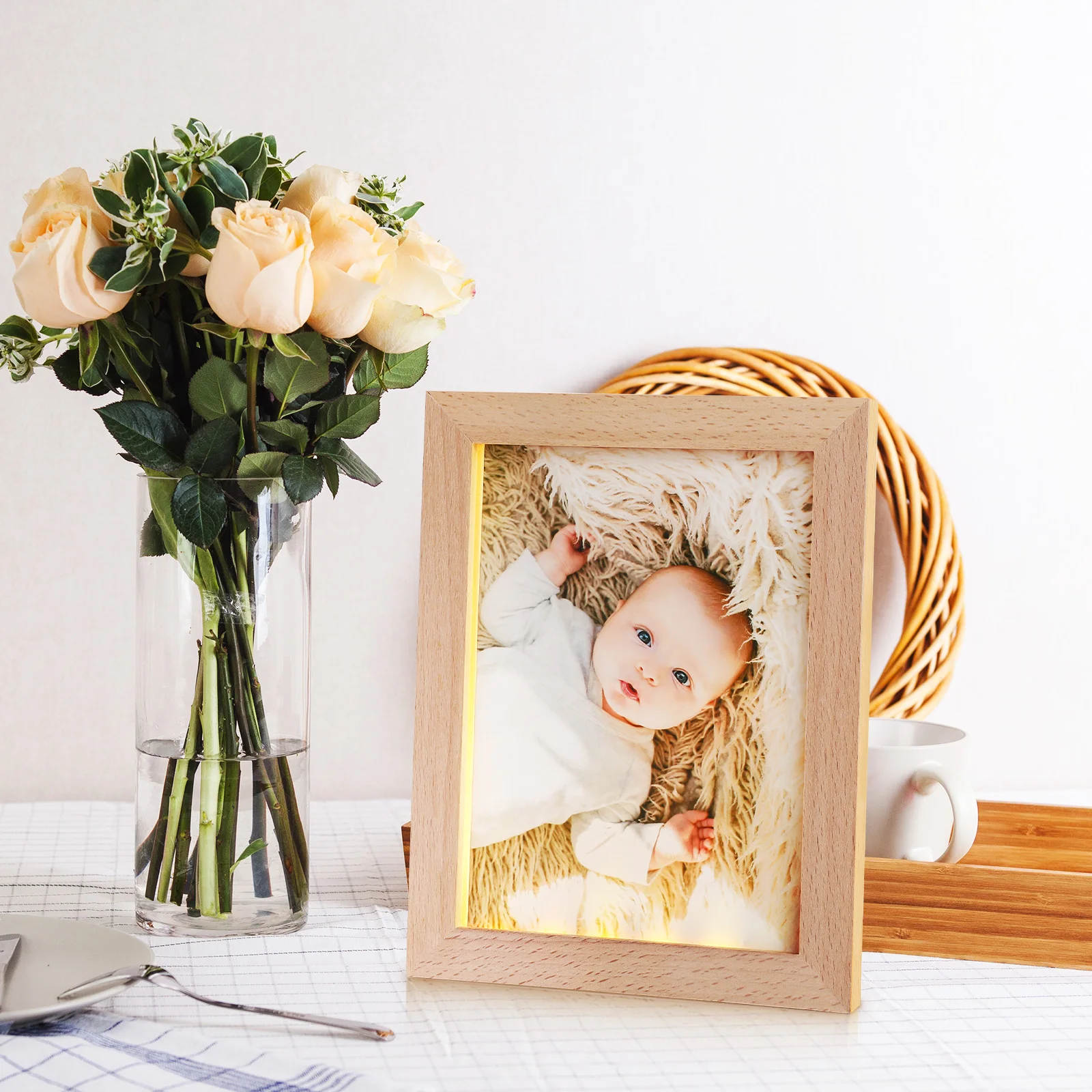 

LED Photo Frame Night Light Wooden Warm Atmosphere Home Decor Bedroom Study Living Room Kitchen Practical Safe Durable