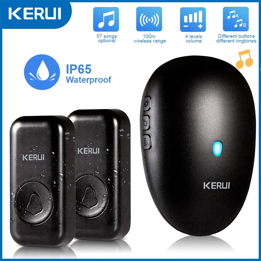 KERUI Wireless Doorbell Waterproof Push Button 57 Chimes 110dB Loud Sound Smart Home Door Bell with 1 Receiver & 2 Buttons