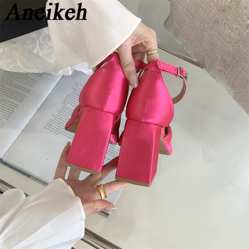 Aneikeh2024 Elegant Sexy Silk Mary Janes High Heels Women Platform Square Head Thick Heel Buckle Strap Single Shoe Wedding Dress