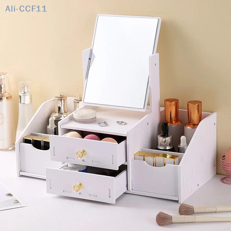 Assembly Makeup Mini Table Multifunctional Cosmetics Storage Rack With Rotating Mirror Skin Care Products Organizer Drawer Shelf