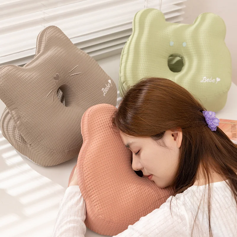 

Solid Nap Pillow Soft Breathable Comfortable Touch Hidden Zipper Cute Shape Lunch Break Neck Support Cushion Daily Use