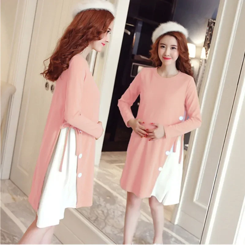 New O-Neck Casual Maternity Dresses Long Sleeve Pregnancy Dress For Pregnant Women Pregnant Clothing Loose Maternity Clothes