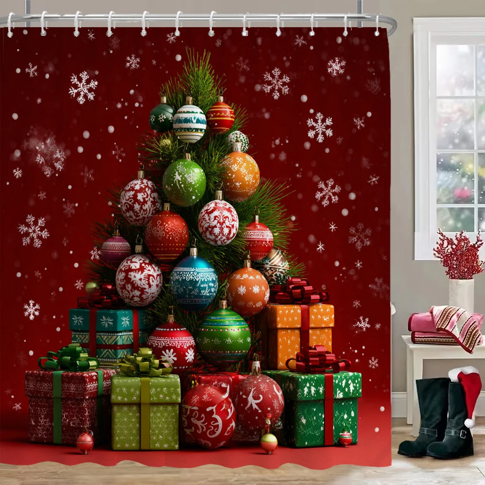 GAEMerry Cortina de chuveiro de Natal, presente de Natal, árvore de Natal, cortina de banheiro com ganchos, estampa de Natal, decoração de casa