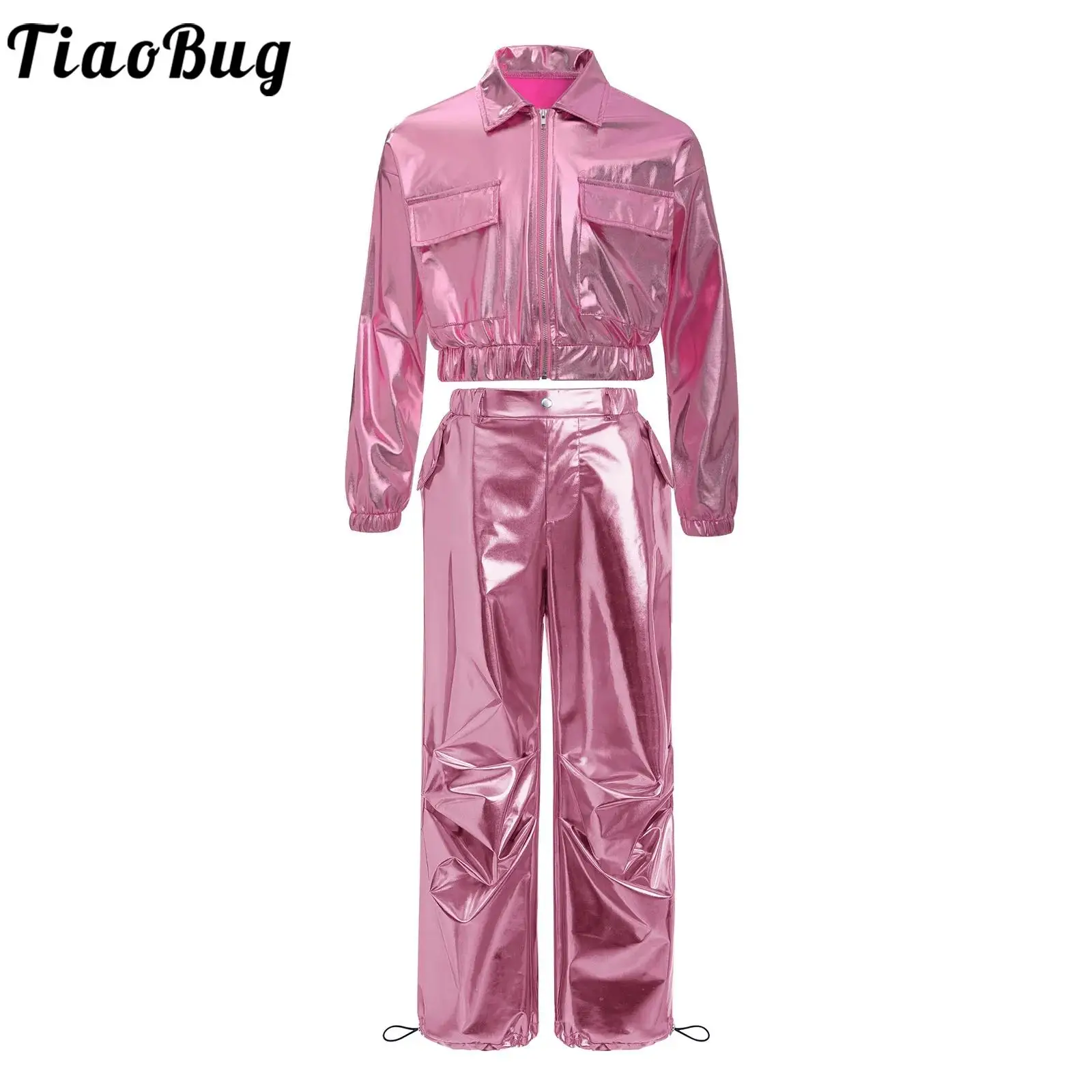 

Kids Boys Girls Hip-Hop Jazz Dance Outfit Teen Modern Street Dance Costume Shiny Long Sleeve Metallic Jacket with Cargo Pants