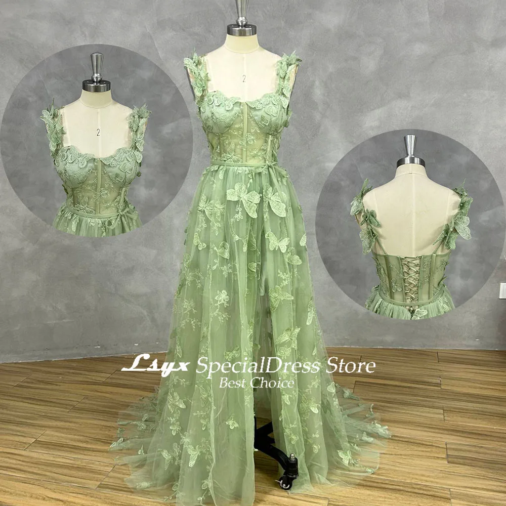 LSYX Sage Green 3D Lace Butterflies Sweetheart Prom Dresses 2024 Spaghetti Straps A-Line High Slit Fairy Evening Gown Lace Up