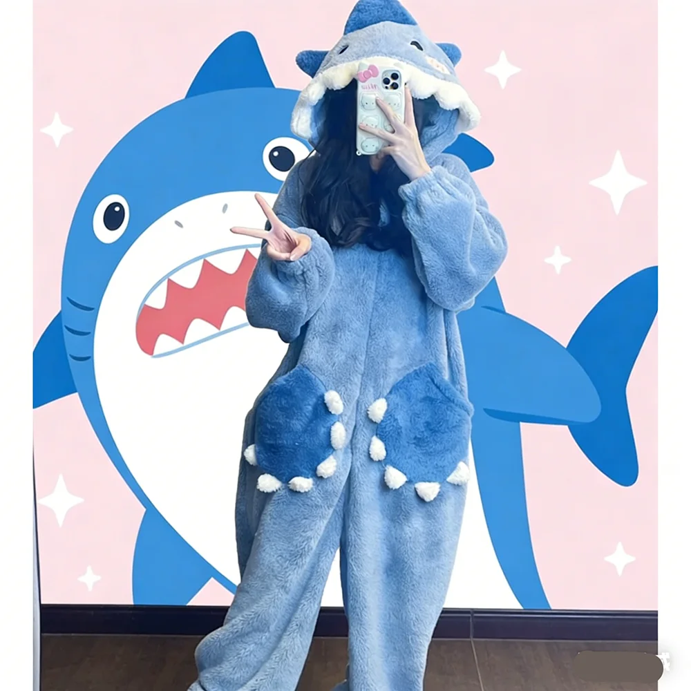 

Костюм-комбинезон «Синяя акула» для взрослых, зимний фланелевый теплый плюшевый пижамный комплект для мужчин и женщин, для Хэллоуина и косплея