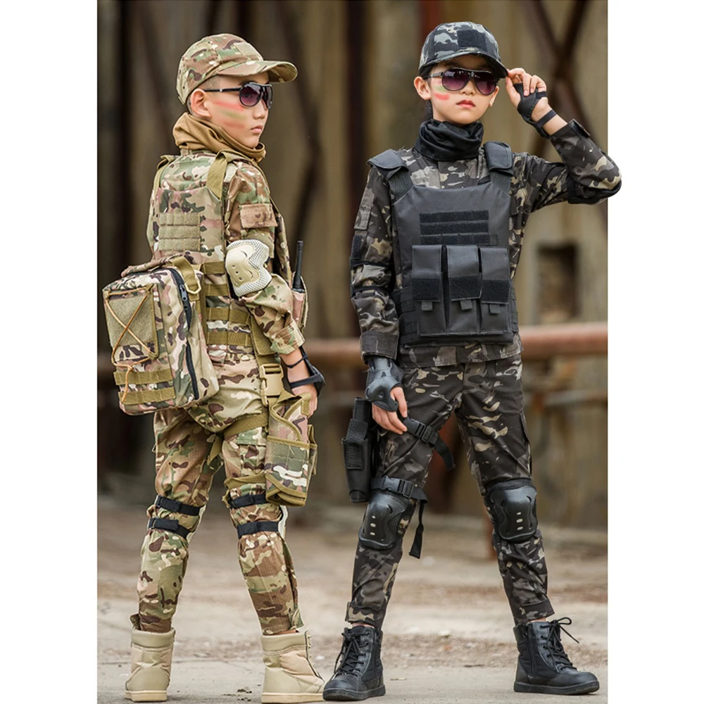 Kids Military Tactical Training Uniform Set Children Camouflage Top Pants Suit Boys Girls Special Forces Outdoor Combat Costume