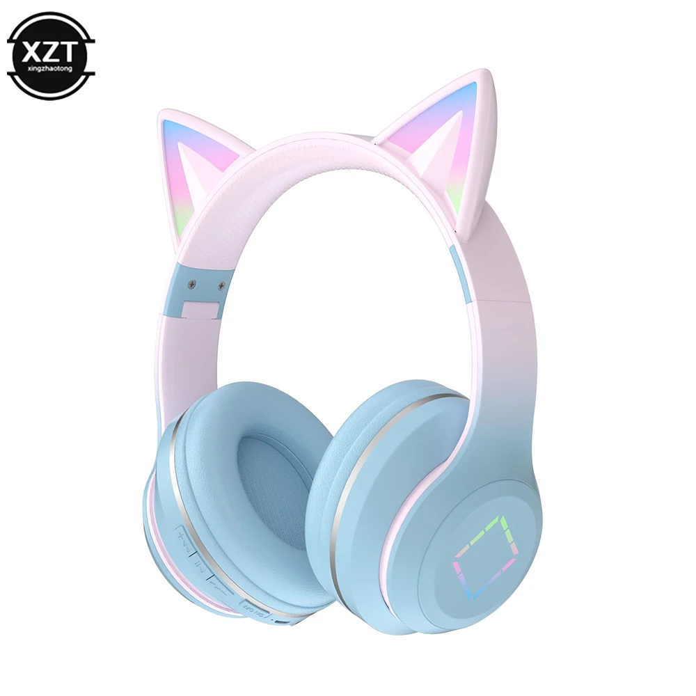 NEWEST LED Flash Light Cute Cat Ears Wireless Headphone with Mic Kid Girl Stereo Music Foldable Helmet Bluetooth Headset Gift