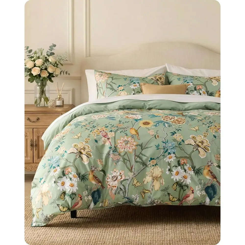 

King Size 100% Cotton Reversible Floral & Birds Duvet Cover Set with 2 Pillow Shams (Green Garden, 104x90)