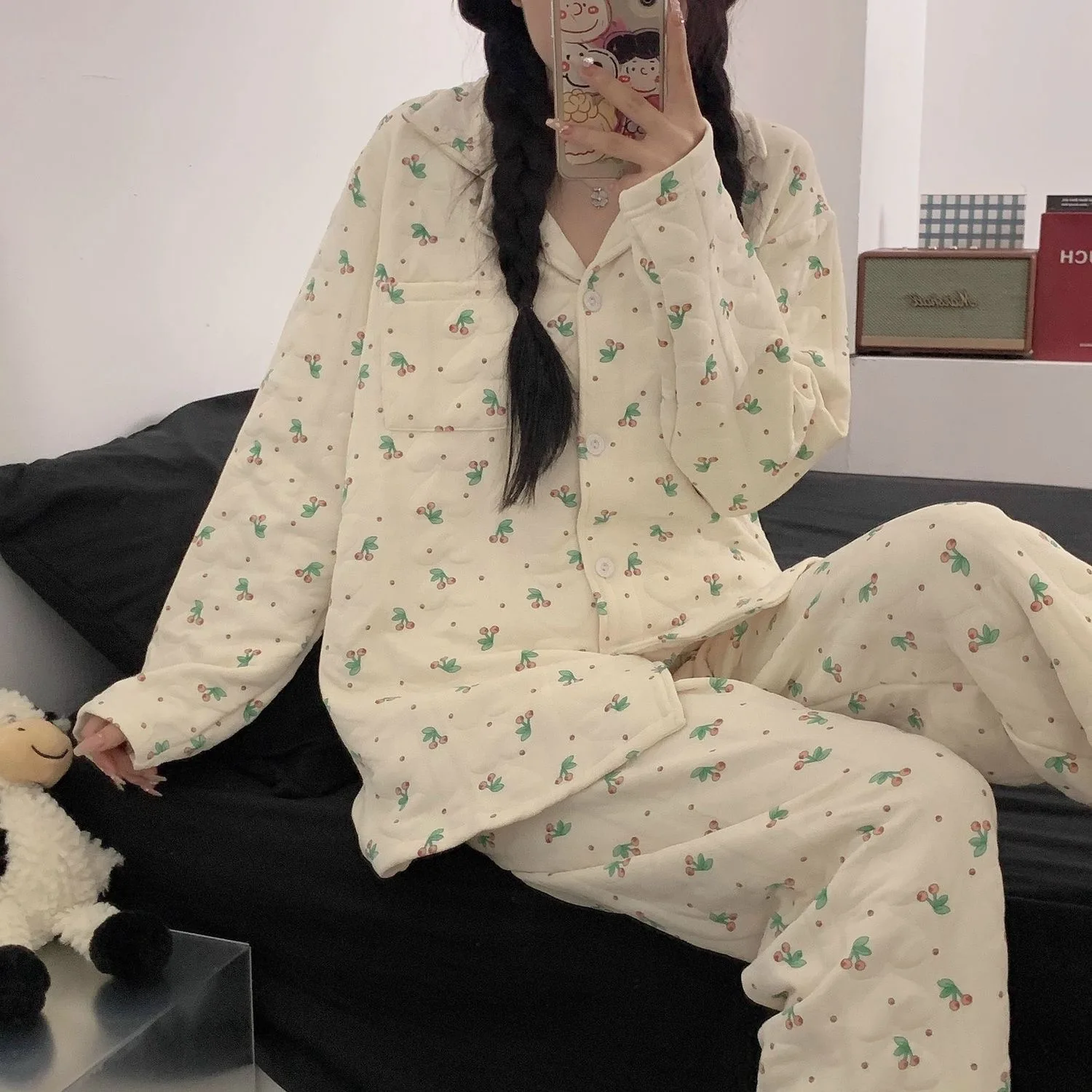 Cherry Pajama Sets Women Winter Thick Warm Quilting Knitted Cotton Homewear Korean Kawaii Long Sleeves Button Pajamas Nightwear