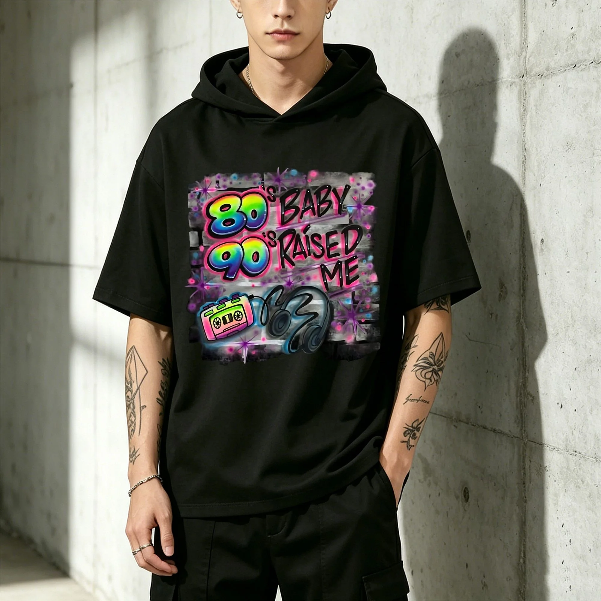 Plus Size 80s 90s Baby Raised Me Graphic Tee, Casual Round Neck Short Sleeve Regular Fit Short-sleeved hoodie T-Shirt, Medium Stretch Top For Parties And Everyday Wear Unisex